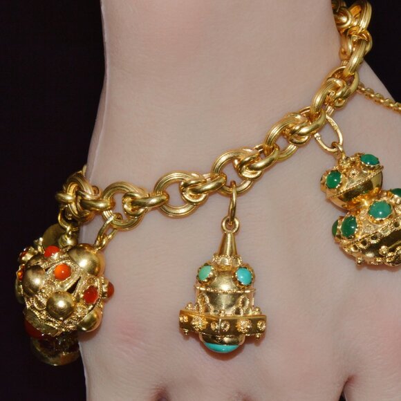 Estate Italian Etruscan Solid 18K Gold Citrine Turquoise Charm Fob Bracelet - Picture 6 of 14